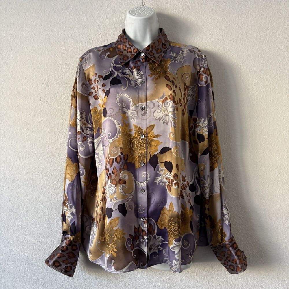 VTG Starington Silk Blouse 16 Purple Gold Baroque Leopard Print Button Shirt